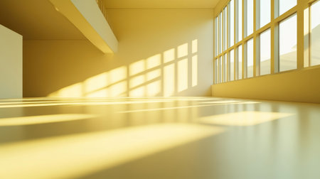 Spacious interior with large windows allowing warm sunlight to fill the area. The minimalistic design creates a calm and serene atmosphere, perfect for various uses.の素材