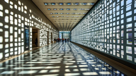 Explore the dynamic interplay of light and shadow in this modern architectural corridor. The graphic patterns create a captivating atmosphere, inviting exploration.の素材