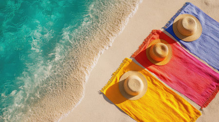 Vibrant beach towels and straw hats arranged on warm sand beside turquoise ocean waves, capturing the essence of summer relaxation and vacation enjoyment.の素材