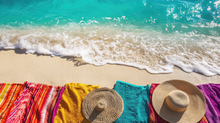 A vibrant scene featuring colorful beach towels laid out on golden sand, complemented by a stylish sun hat. Ideal for summer vacation themes.の素材