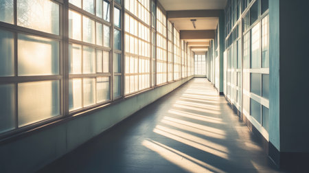 A serene hallway bathed in natural sunlight casts gentle shadows on the floor. Large windows create a peaceful atmosphere that enhances modern design.の素材
