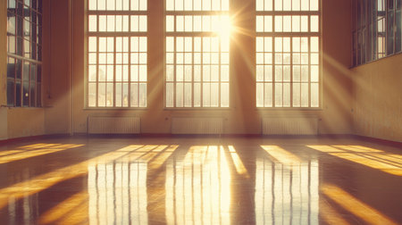 A tranquil scene showcasing sunlight streaming through large windows in an empty hall. The wooden floor reflects the warm light, creating a serene atmosphere perfect for relaxation or inspiration.の素材