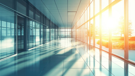 A bright modern corridor featuring expansive glass walls, showcasing natural light and soft reflections, creating a serene and inviting atmosphere for any space.の素材