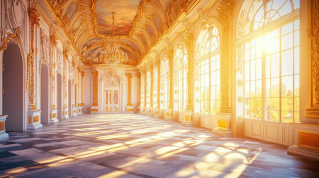 This stunning image showcases an elegant interior of a historic hall, featuring sunlight streaming through ornate windows, highlighting the grand architecture and luxurious decor.の素材