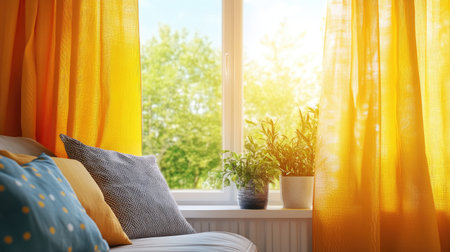 A cozy room bathed in warm sunlight features vibrant yellow curtains and lush indoor plants by the window, creating a serene and inviting atmosphere.の素材