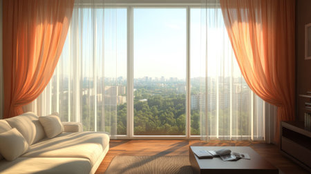 A beautifully designed modern living room features a large window that provides a stunning view of the city. Soft curtains allow natural light to fill the space, creating a warm and inviting atmosphere.の素材