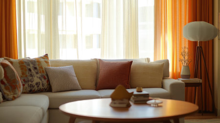 Bright and inviting living room with warm tones, elegant furniture, and soft cushions. Natural light enhances the cozy atmosphere, perfect for relaxation.の素材