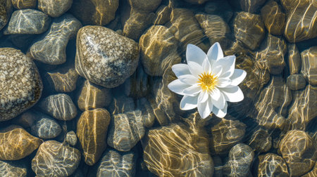 A stunning white lily floats gracefully on pristine water, surrounded by smooth stones, capturing the essence of tranquility and natural beauty in a serene landscape.の素材