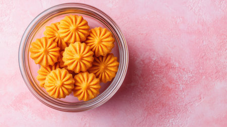 A delightful arrangement of orange cookies in a glass jar against a pastel pink background, ideal for showcasing homemade snacks or desserts.の素材