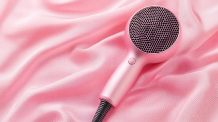 A stylish pink hair dryer rests gracefully on a smooth satin fabric. This modern beauty tool combines elegance and functionality, perfect for fashion-forward individuals.の素材