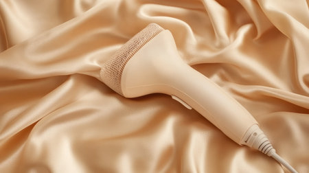 A stylish hand-held garment steamer rests on luxurious golden fabric, showcasing its sleek design and practical use for removing wrinkles and refreshing clothing.の素材