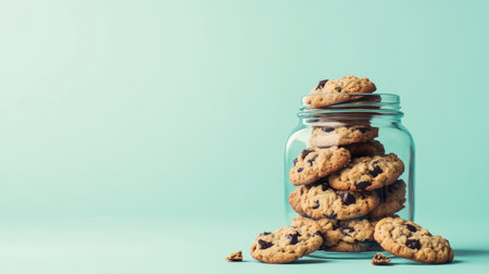 A beautiful arrangement of freshly baked cookies in a glass jar on a soft blue background. The cookies feature chocolate chunks and create a perfect treat for any occasion.の素材