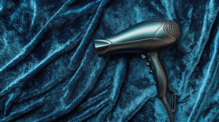 A sleek black hair dryer rests elegantly on soft blue velvet fabric, showcasing its modern design and functionality, perfect for styling and hair care.の素材