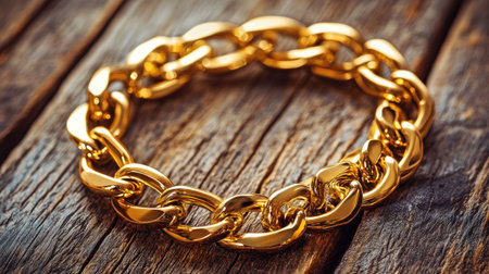 A close-up view of an elegant gold bracelet resting on a wooden surface, highlighting its smooth shine and intricate design. Perfect for showcasing luxury jewelry.の素材
