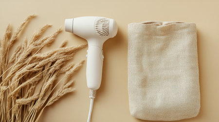 A hair dryer rests beside a soft towel and dried grass on a beige background, creating a serene and minimalist aesthetic perfect for beauty and styling themes.の素材