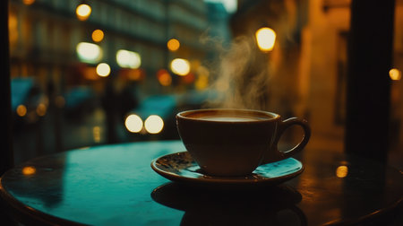 A steaming cup of coffee sits on a table in an inviting urban cafの素材