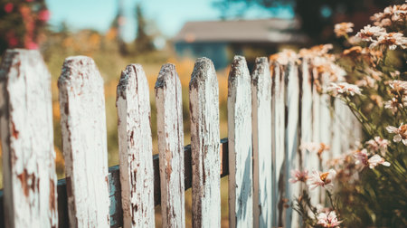 A charming rustic white wooden fence stands in a sunlit garden, surrounded by colorful wildflowers, evoking a serene countryside atmosphere.の素材