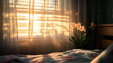 A serene bedroom scene featuring soft morning light filtering through sheer curtains, casting gentle shadows and highlighting fresh flowers, creating a tranquil atmosphere.の素材