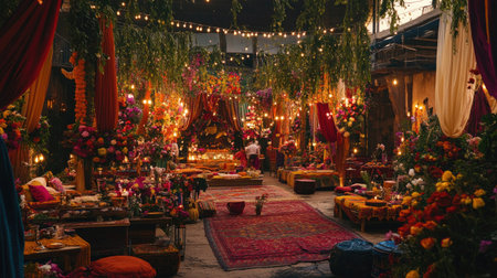 A beautifully decorated indoor venue filled with vibrant flowers and colorful fabrics, creating a festive and inviting atmosphere for celebrations and gatherings.の素材