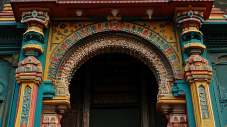Explore vibrant traditional architecture featuring intricate details and colorful designs. This stunning entryway showcases rich cultural heritage and artistry.の素材