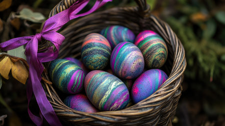 A rustic woven basket filled with vibrantly colored decorative eggs. Each egg features unique patterns and bright hues, creating a cheerful spring ambiance. Ideal for seasonal celebrations.の素材
