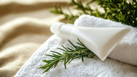 A beautifully arranged skincare cream tube beside fresh greenery on a soft towel, evoking calm, natural beauty and tranquility, ideal for wellness themes.の素材