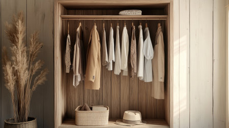 A minimalist clothing rack showcasing neutral tones and natural decor. This serene setup emphasizes simplicity and organization, perfect for modern interiors.の素材