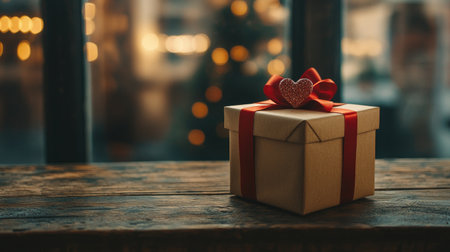 A beautifully wrapped gift box with a red ribbon and heart decoration sits on a rustic wooden table, illuminated by soft evening lights, evoking warmth and joy.の素材