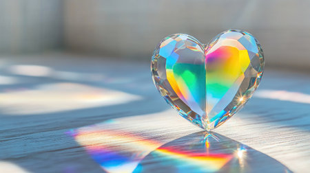 This stunning heart-shaped crystal captures light beautifully, showcasing vibrant rainbow reflections on a wooden surface. Perfect for decor and romantic themes.の素材