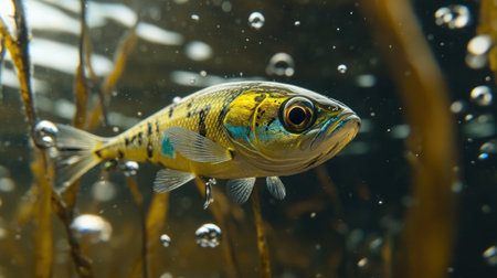 A vibrant freshwater fish gliding gracefully through clear water, surrounded by aquatic plants and shimmering bubbles, capturing the beauty of nature.の素材