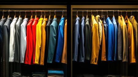 A visually striking display of colorful blazers neatly arranged in a modern wardrobe. The organized design highlights various styles, colors, and textures.の素材