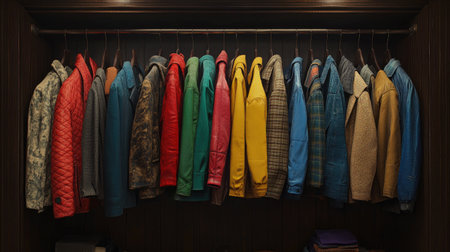 This image showcases a vibrant assortment of vintage jackets neatly arranged in a stylish wardrobe. The colorful outerwear highlights diverse fabrics and patterns, perfect for fashion inspiration.の素材