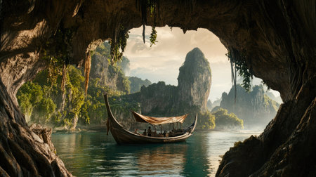 A stunning scene of a boat navigating through a tropical cave, surrounded by lush greenery and rocky formations, capturing a sense of adventure and tranquility in nature.の素材