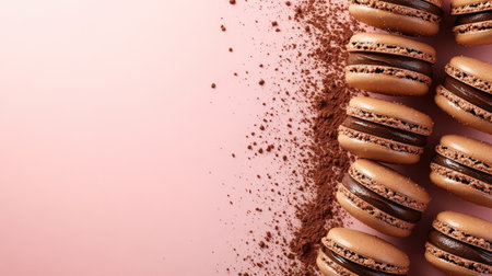 A visually appealing arrangement of chocolate macarons on a soft pink background, sprinkled with cocoa powder, perfect for highlighting dessert elegance.の素材