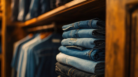 A cozy clothing store featuring neatly stacked blue jeans on a wooden shelf, showcasing organized fashion items in a warm shopping environment.の素材