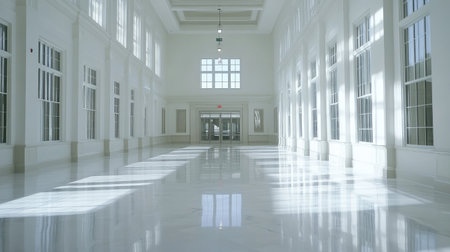 A bright and spacious hallway featuring white walls and polished floors. The design emphasizes natural light, creating a serene and elegant atmosphere, perfect for modern architecture.の素材