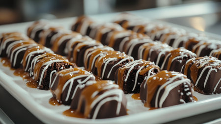 This image showcases an array of gourmet chocolate treats drizzled with caramel and white icing, beautifully arranged on a white plate. Ideal for dessert lovers.の素材