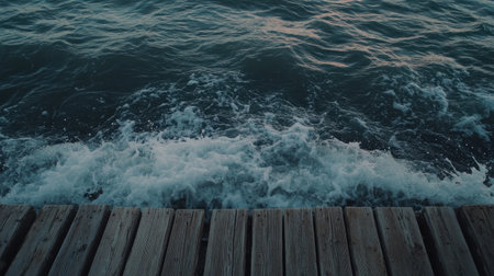 A serene view of ocean waves gently crashing against wooden dock planks, capturing the beauty of nature and tranquility by the water's edge.の素材