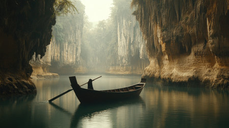 A tranquil scene depicting a lone canoe gliding through serene waters amid majestic limestone caves shrouded in mist. Perfect for nature lovers.の素材