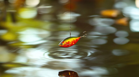 A vibrant fishing lure dangles above a serene water surface, creating ripples as it waits to attract fish. This image captures the essence of outdoor fishing.の素材