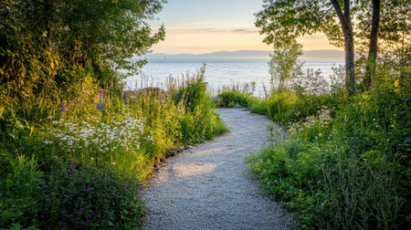 A serene coastal pathway meanders through lush greenery, bordered by vibrant flowers. The sun sets over tranquil waters, creating a peaceful landscape ideal for relaxation and exploration.の素材