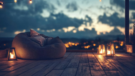 A cozy evening setting featuring a soft bean bag chair on a wooden patio, illuminated by glowing lanterns. Perfect for relaxation and tranquility.の素材