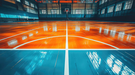 This image features a bright and modern basketball court showcasing a shiny hardwood floor. The vibrant blue and orange colors create an energetic atmosphere perfect for sports activities.の素材