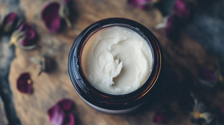A creamy skincare product in an amber jar sits atop a wooden surface, surrounded by delicate dried rose petals, showcasing a luxurious and natural beauty aesthetic.の素材