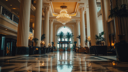 A luxurious hotel lobby featuring tall columns, intricate marble flooring, and an elegant chandelier, creating a warm and inviting atmosphere for guests.の素材