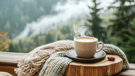 A warm cup of coffee sits on a rustic wooden table, surrounded by soft blankets. The scenic mountain backdrop adds to the tranquility of this cozy moment. Perfect for capturing the essence of relaxation and nature's beauty.の素材