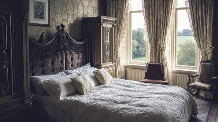 A beautifully designed vintage bedroom showcasing rich textures and soft colors, featuring sunlight filtering through elegant curtains, creating a tranquil atmosphere.の素材