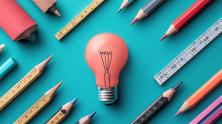 A vibrant lightbulb centerpiece surrounded by colorful stationery items represents creativity and inspiration. Perfect for educational or artistic themes.の素材