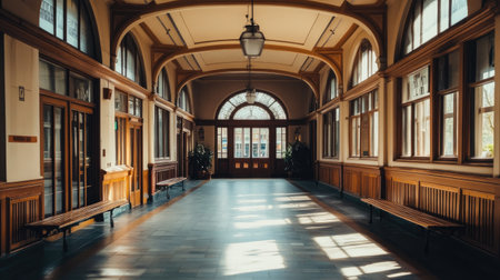 A stunning indoor hallway showcasing classic architecture, wooden benches, and large windows allowing natural light to fill the space. The serene atmosphere invites exploration.の素材