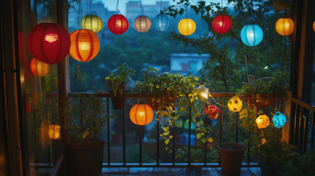 A beautiful arrangement of colorful lanterns brightens a balcony, creating a calm and inviting atmosphere in an urban setting during the evening.の素材